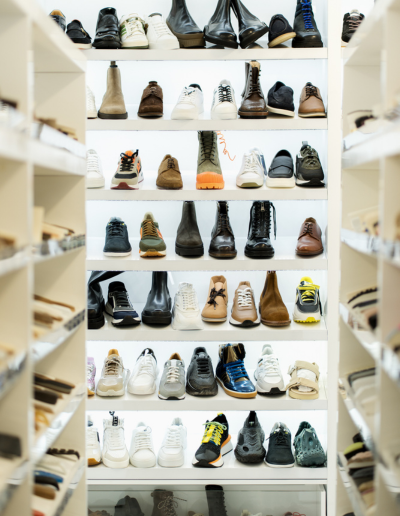 Wall of shoe samples in a Portuguese factory library